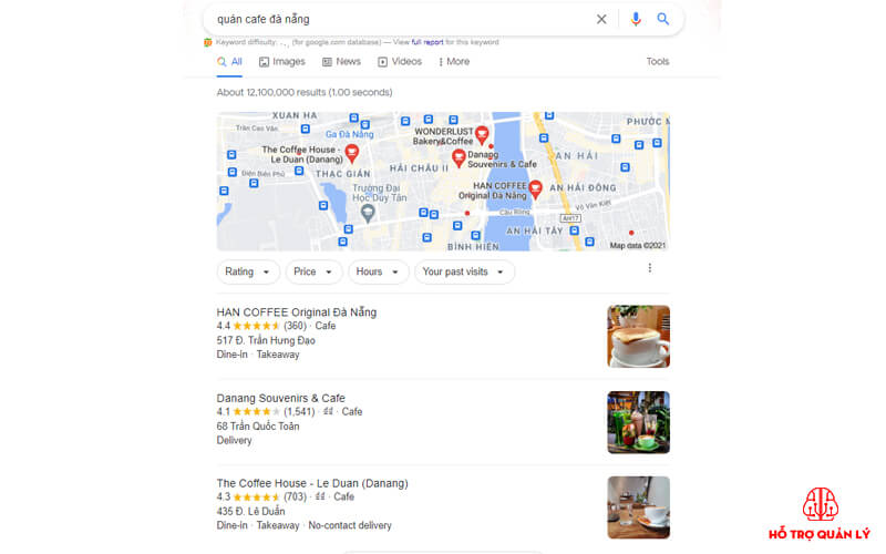 Hiển thị thứ tự tìm kiếm quán cafe trên google
