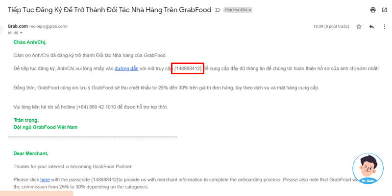 Email phản hồi đăng ký từ GrabFood